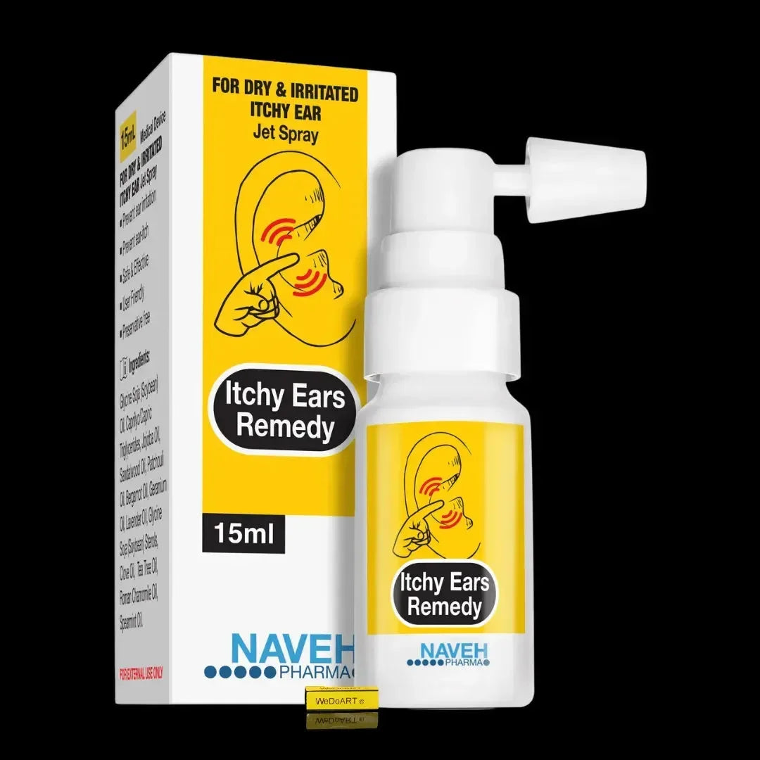 NavePharma ITCHY EARS Herbal Ear Spray 15 ml box with white spray bottle and yellow label