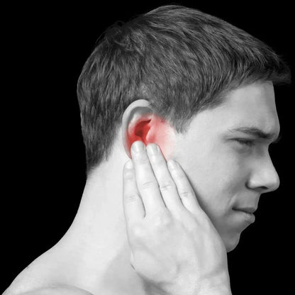 Black-and-white portrait of a man holding his hand to his ear with a red highlight