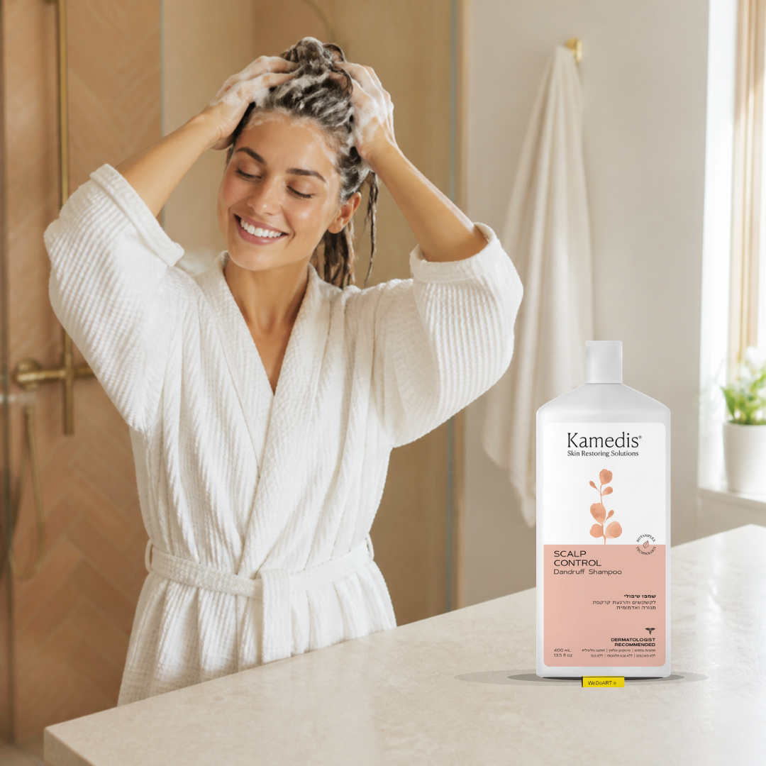 Smiling woman washing her hair with Kamedis Scalp Control Anti-Dandruff Shampoo 400 ml, lather in her hair and the bottle on the counter beside her