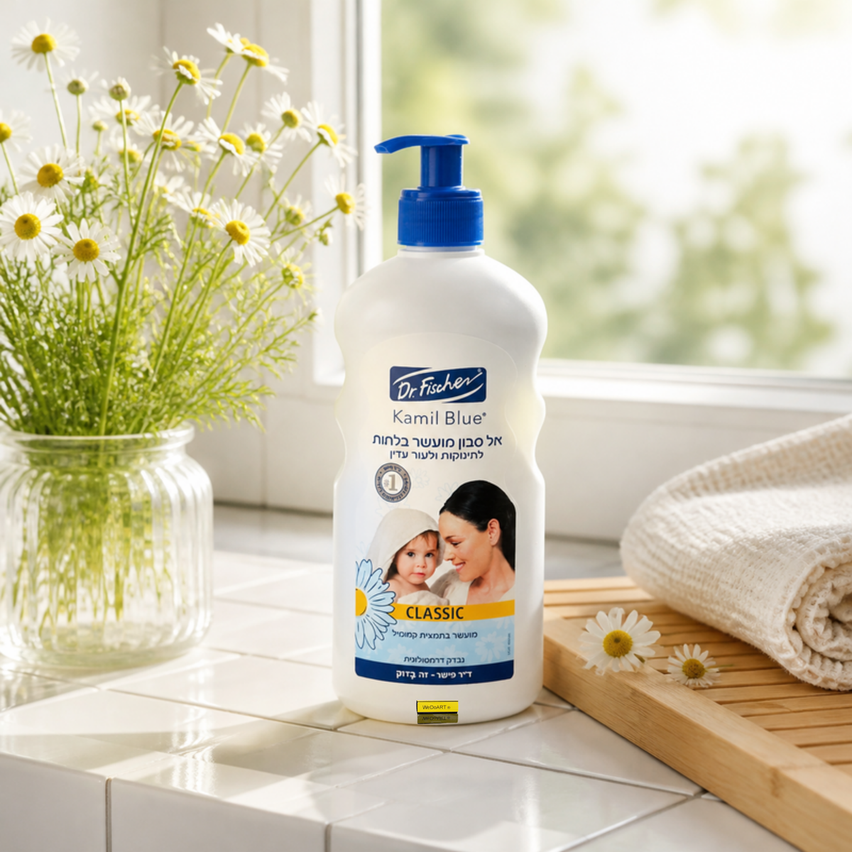 Kamil Blue Classic baby soapless soap pump bottle on a sunlit bathroom ledge with fresh chamomile flowers