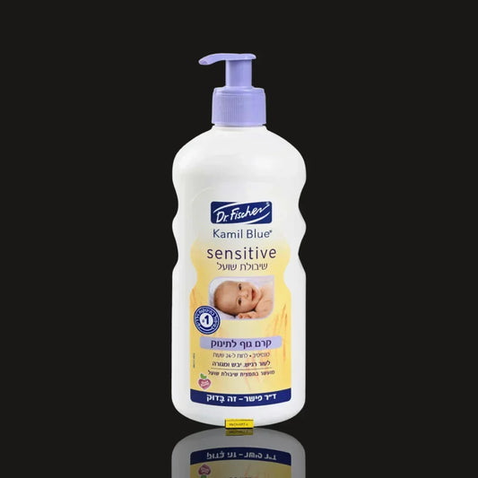 Kamil Blue Sensitive baby body lotion with oatmeal, 500 ml white pump bottle with lilac pump by Dr. Fischer