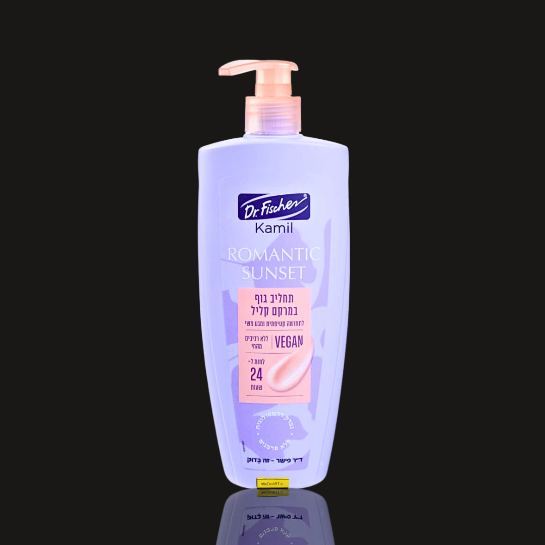 Kamil Romantic Sunset body lotion light texture by Dr. Fischer, 450 ml lilac pump bottle with a peach pump
