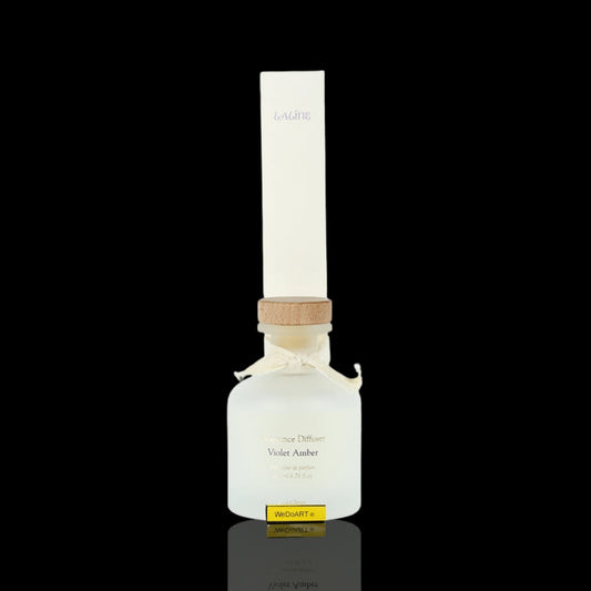 Laline Violet Amber reed fragrance diffuser, frosted-glass bottle with ribbon and wooden cap, 200 ml