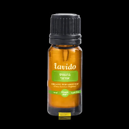 Lavido Organic Bergamot FCF essential oil 10 ml, front view of the bottle and label.
