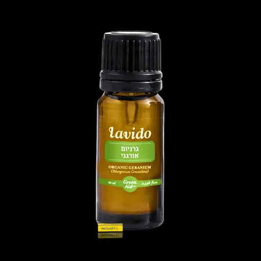 Lavido Organic Geranium Oil 10 ml essential oil bottle, front view