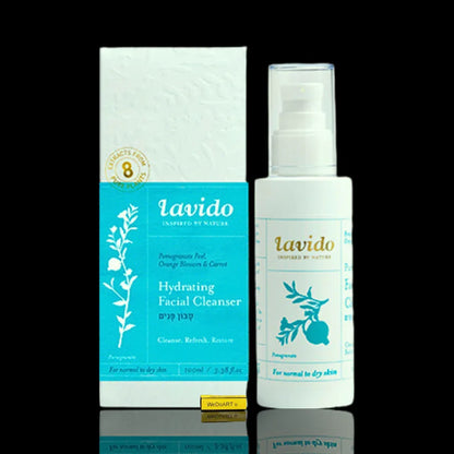 Lavido Hydrating Facial Cleanser for normal to dry skin, 100 ml pump bottle next to its turquoise box.