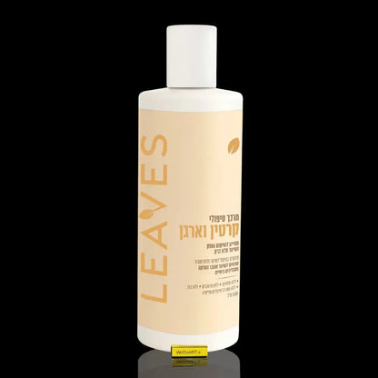 LEAVES keratin and argan oil conditioner 500 ml bottle on a black background with a yellow WEDOART badge