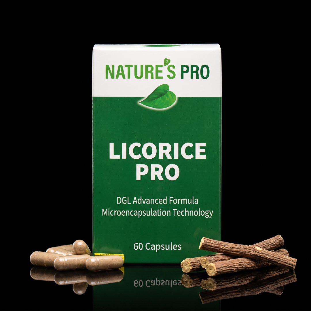 NATURE'S PRO Licorice Pro DGL box with capsules and licorice root on black background