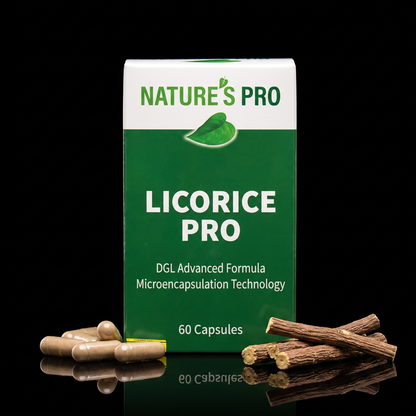 NATURE'S PRO Licorice Pro DGL box with capsules and licorice root on black background