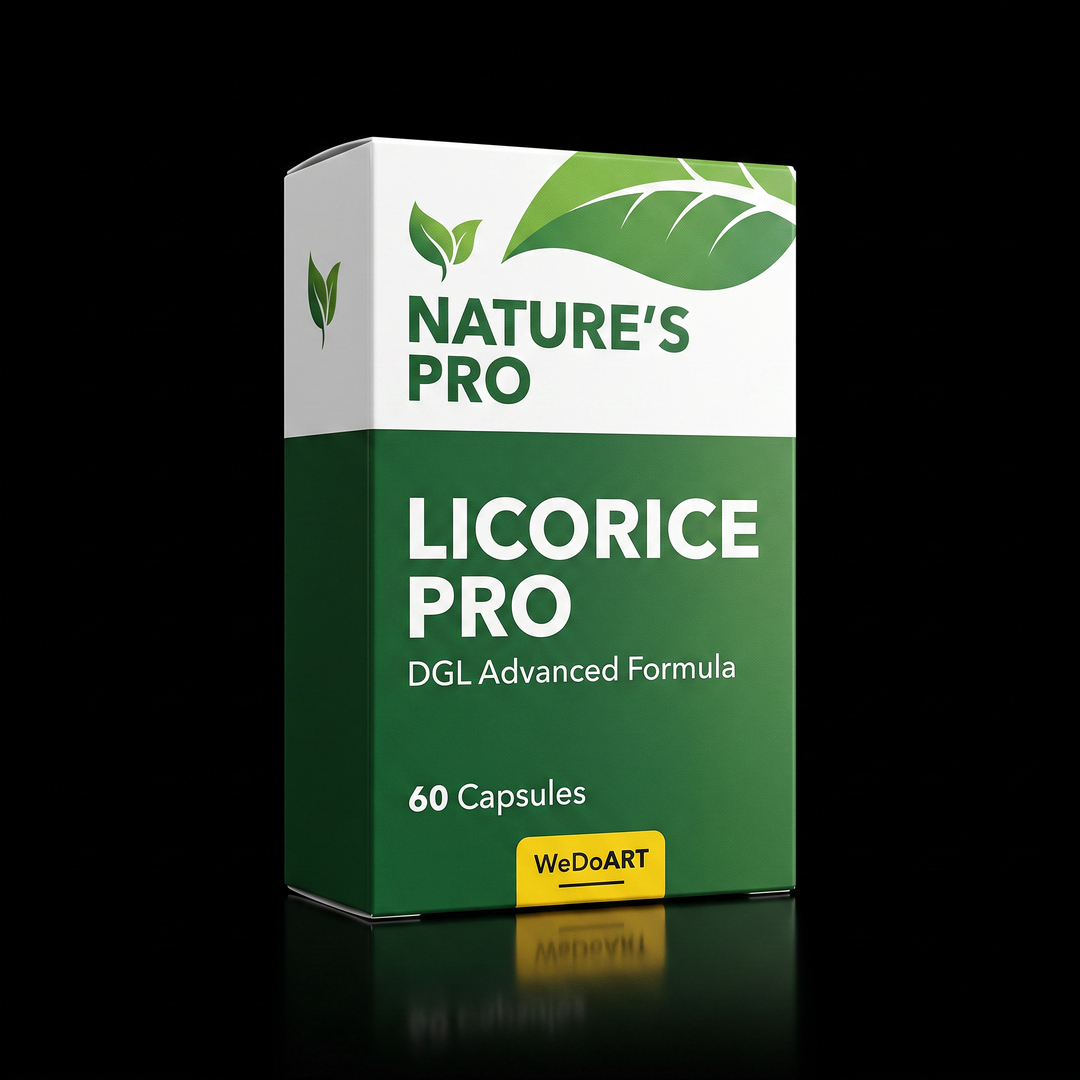 NATURE'S PRO Licorice Pro DGL 60 capsules box, front three-quarter view on black background