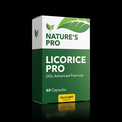 NATURE'S PRO Licorice Pro DGL 60 capsules box, front three-quarter view on black background