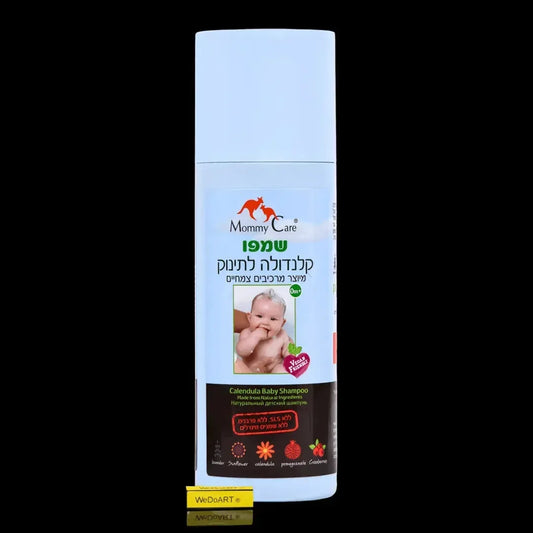 Mommy Care Calendula Baby Shampoo 400 ml bottle with pump, light blue with a baby photo and plant icons