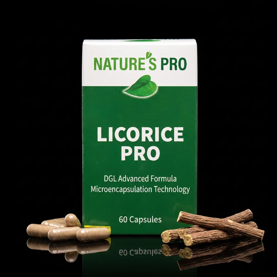 NATURE'S PRO Licorice Pro DGL capsules next to licorice root