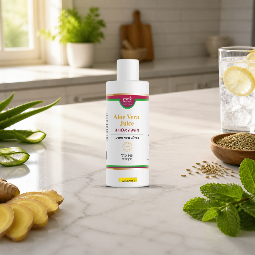 Nava aloe vera drink with herbs 500 ml bottle on a marble kitchen counter with aloe leaves, ginger and mint