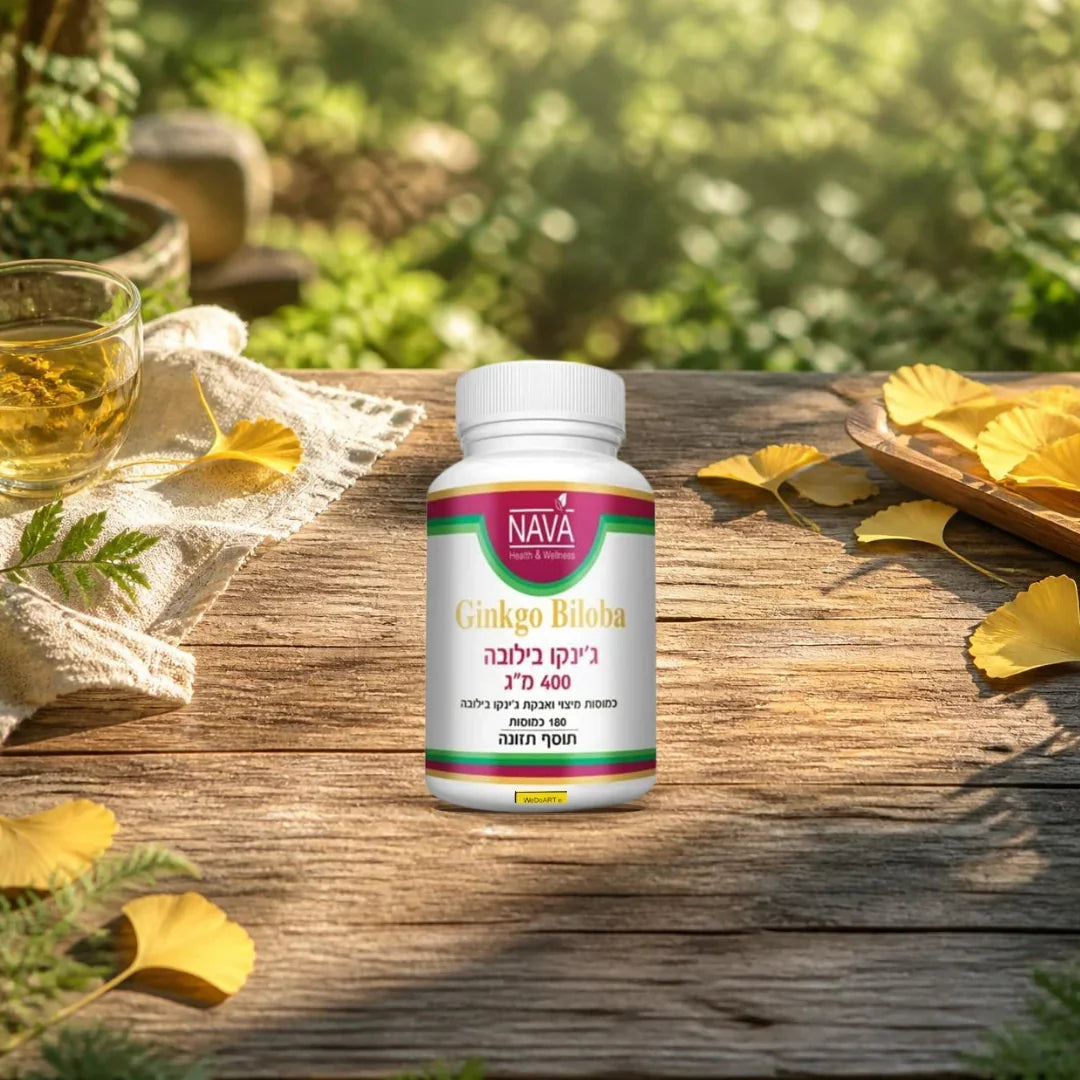 Nava ginkgo biloba 400 mg capsules jar on a sunlit wooden garden table with ginkgo leaves