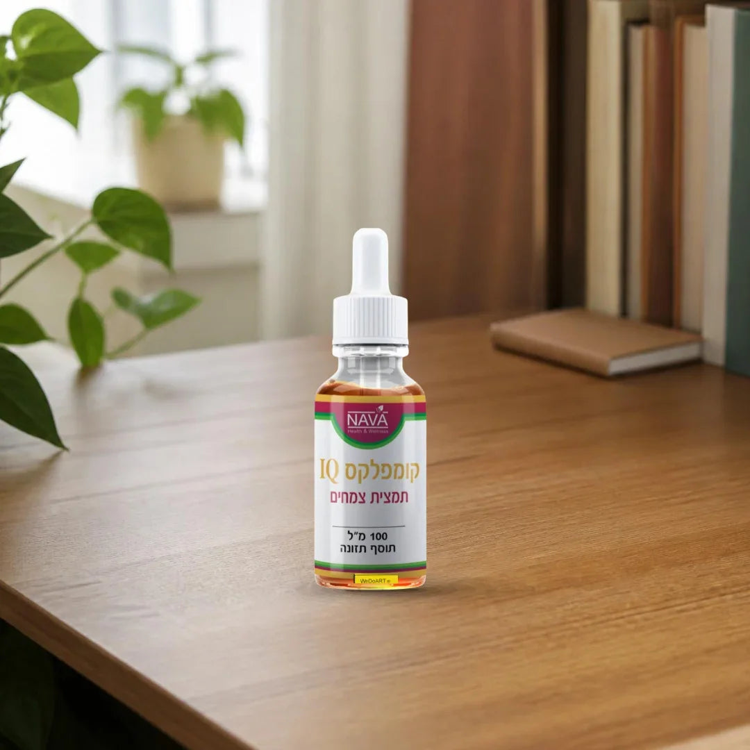 Nava IQ Complex herbal extract dropper bottle, 100 ml, on a wooden study desk