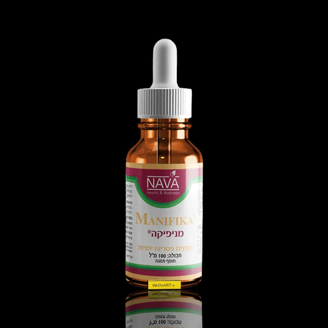 Nava Manifika mushroom drops 100 ml amber dropper bottle with white pipette on a black background