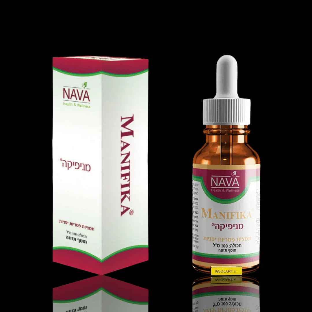Nava Manifika mushroom drops 100 ml box and amber dropper bottle on a black background