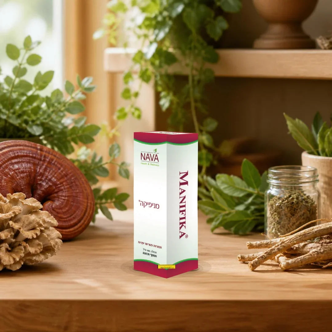 Nava Manifika mushroom drops box on a wooden shelf with dried reishi, maitake and astragalus root