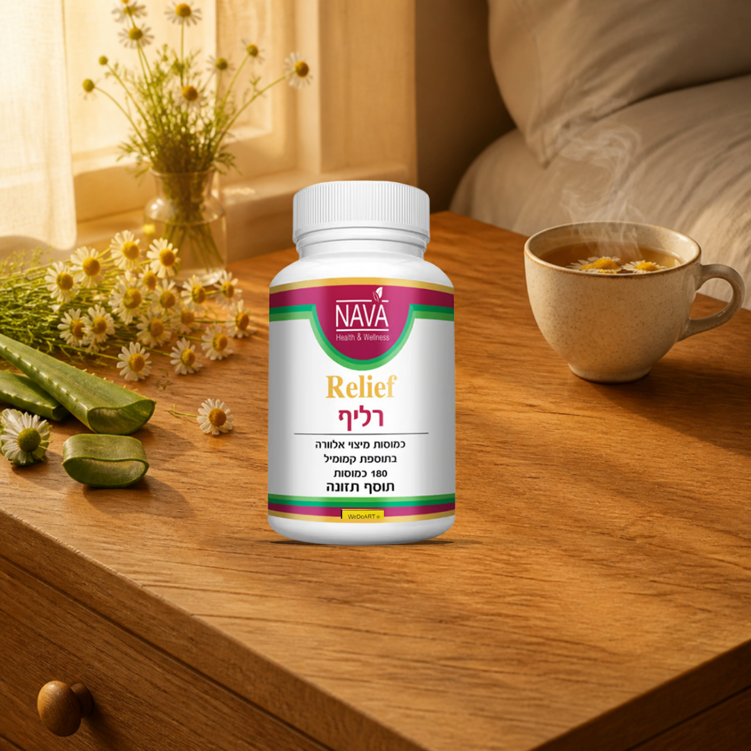 Nava Relief capsules jar on a warm wooden bedside table with chamomile flowers, aloe leaves and a cup of tea