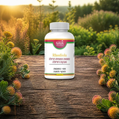Nava rhodiola rosea capsules jar on a sunlit wooden garden table with rhodiola flowers