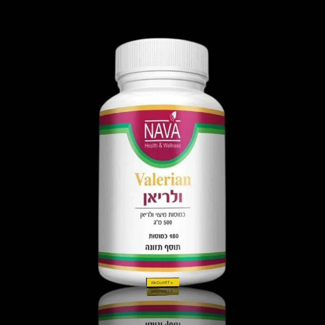 Nava Valerian 500 mg capsules, 180 count, white jar with Nava label on a black background