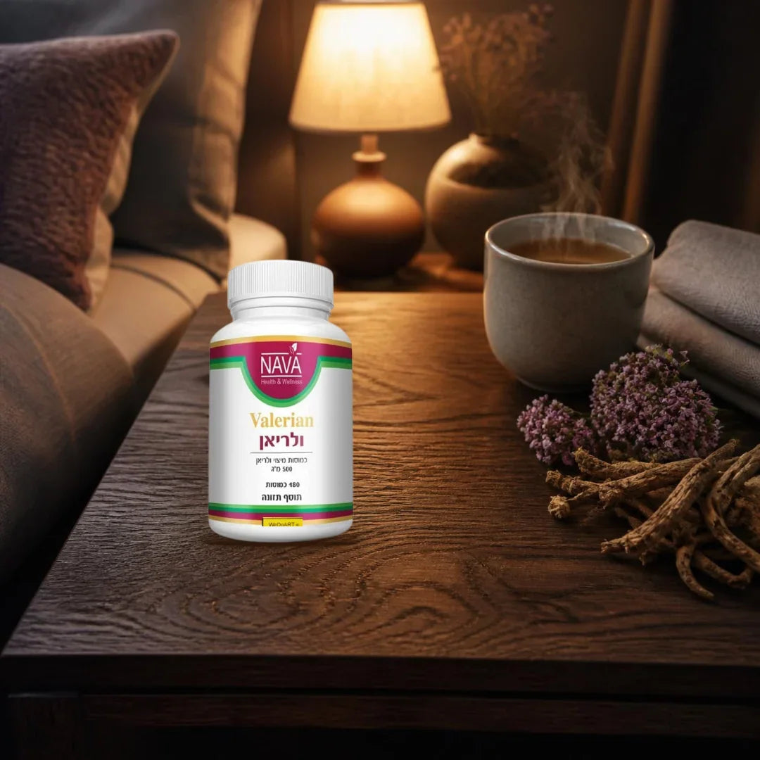 Nava Valerian 500 mg capsules jar on a dark oak bedside table with herbal tea and dried valerian roots