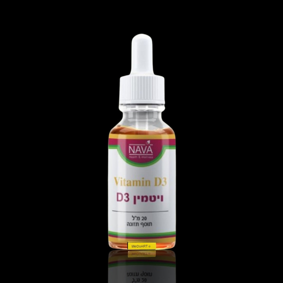 Nava Vitamin D3 Drops 1,000 IU 20 ml dropper bottle on a dark background