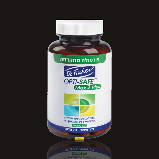 Opti-Safe Max 2 Plus eye supplement by Dr. Fischer, 120 capsules bottle on a black background
