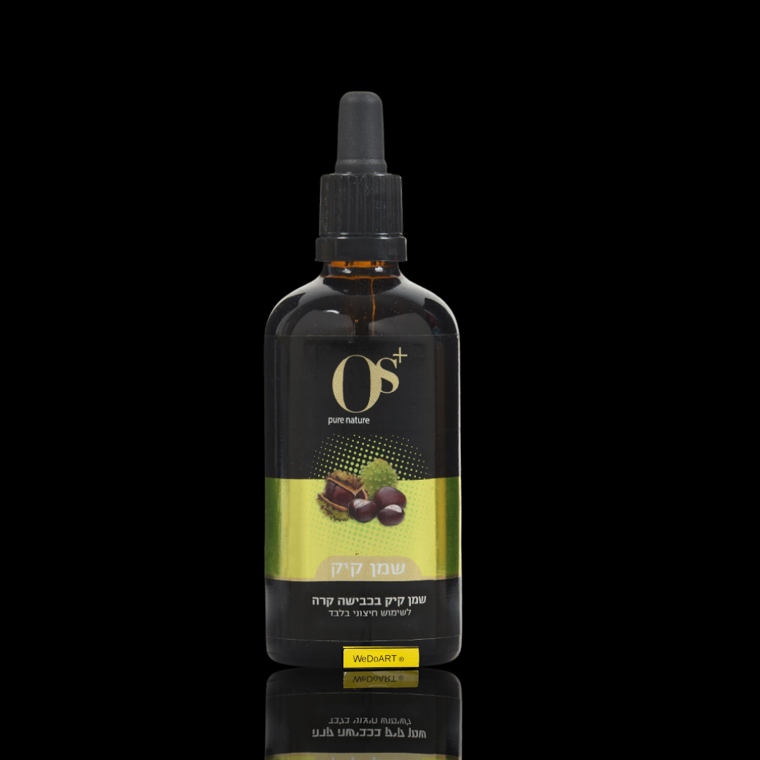 OS+ Pure Nature cold pressed castor oil 100 ml amber dropper bottle with reflection, front view