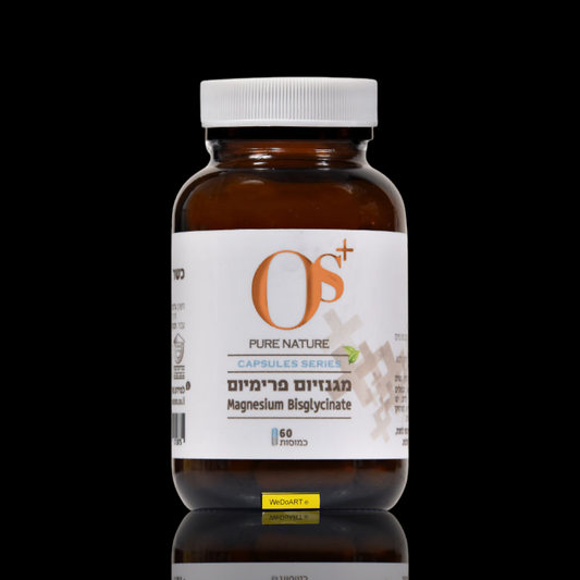 OS+ magnesium bisglycinate 60 capsules amber bottle, front view