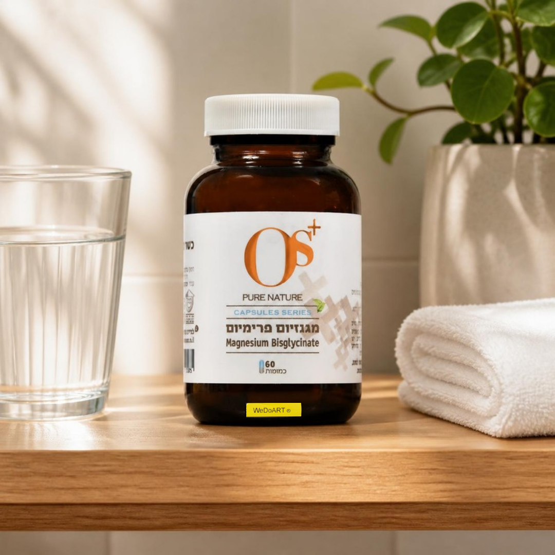 OS+ magnesium bisglycinate capsules bottle on a wooden bathroom shelf with a glass of water, a folded towel and a green plant