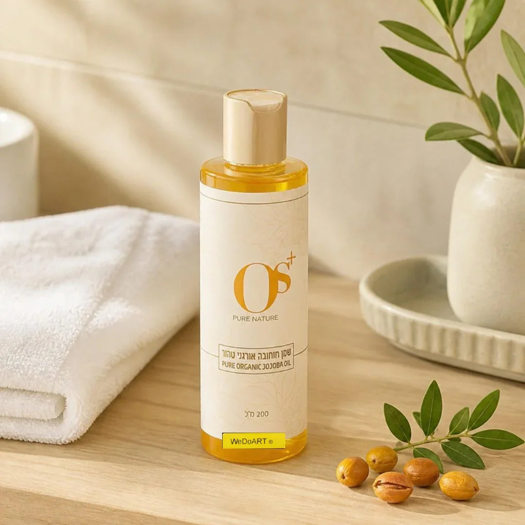 OS+ organic jojoba oil 200 ml bottle on a bathroom shelf beside a white towel and jojoba seeds