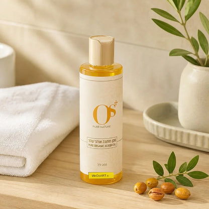 OS+ organic jojoba oil 200 ml bottle on a bathroom shelf beside a white towel and jojoba seeds