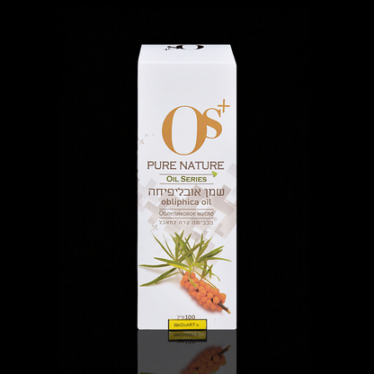 OS+ Pure Nature sea buckthorn oil 100 ml box with reflection, front view