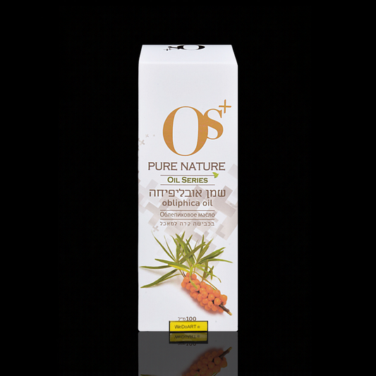 OS+ Pure Nature sea buckthorn oil 100 ml box with reflection, front view