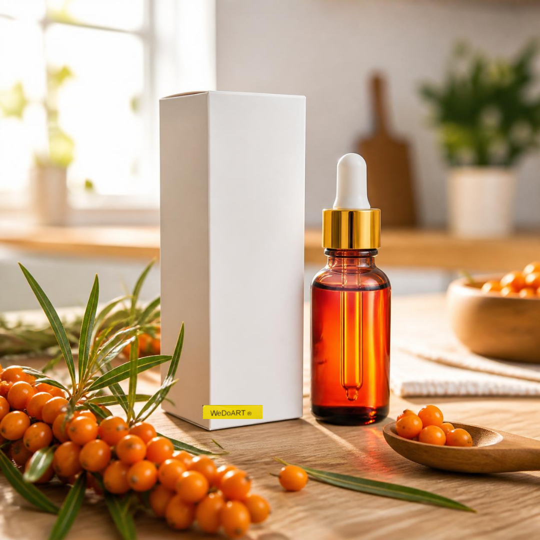 OS+ Pure Nature sea buckthorn oil 100 ml box beside an amber dropper bottle with fresh orange sea buckthorn berries on a wooden counter