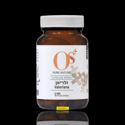 OS+ valerian capsules 100 count bottle, front view