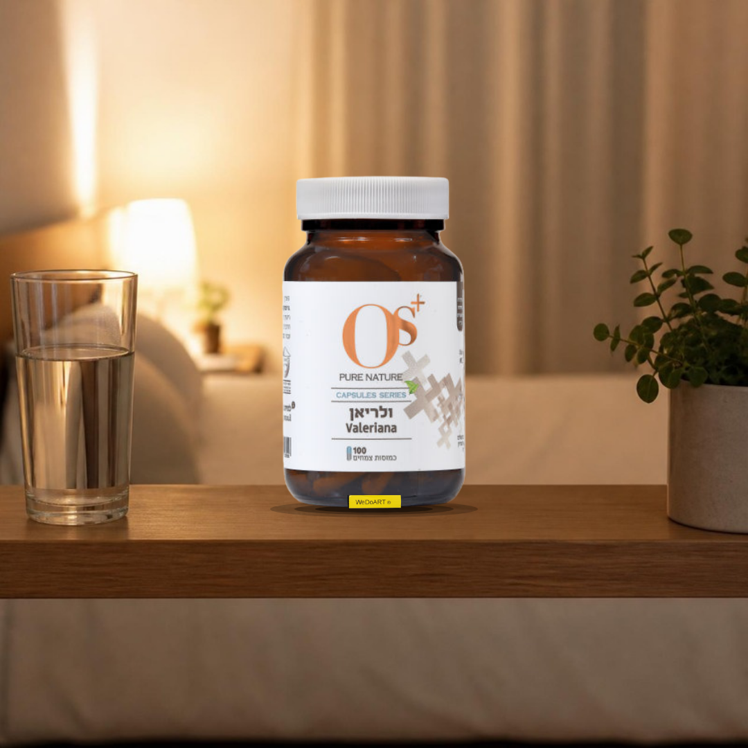 OS+ valerian capsules 100 count bottle on a wooden shelf in a bedroom with a glass of water and a plant