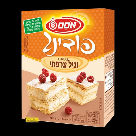 OSEM French vanilla instant pudding mix, 80 g box with a cream and raspberry dessert
