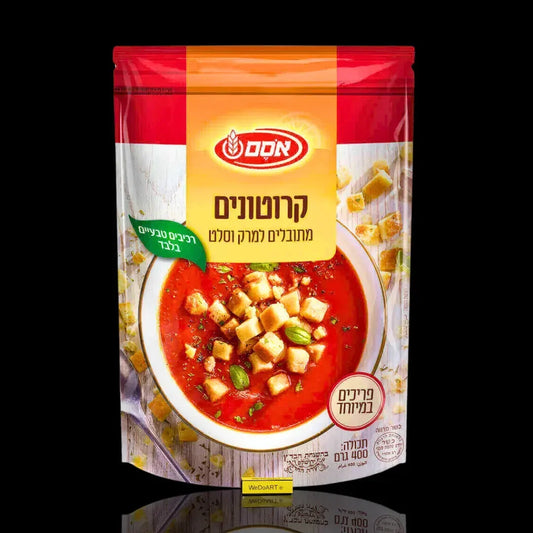 OSEM soup croutons 400 g pouch with a bowl of tomato soup topped with croutons on the front