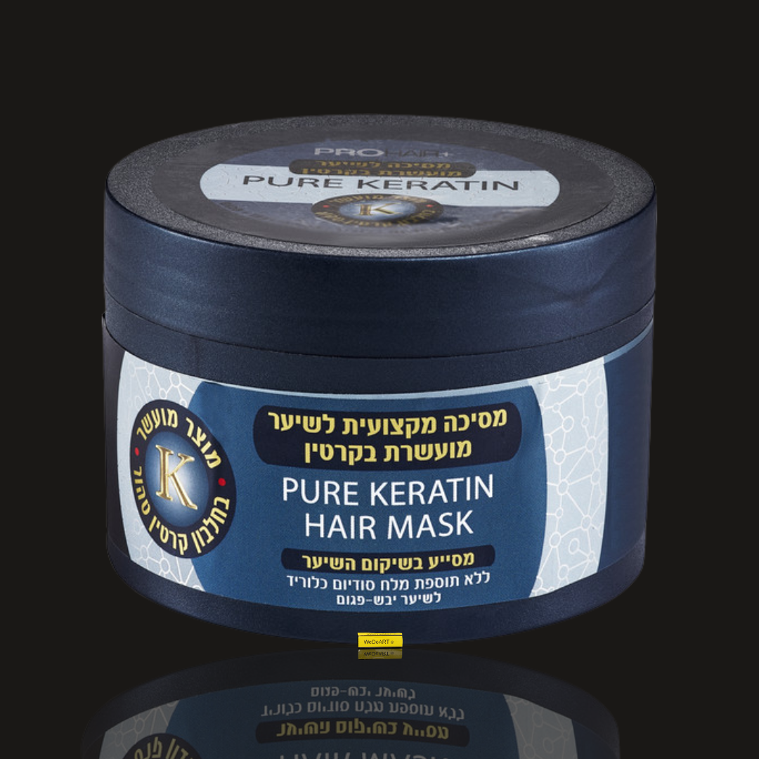 PRO HAIR+ Pure Keratin Hair Mask 400 ml jar with blue label on a dark background