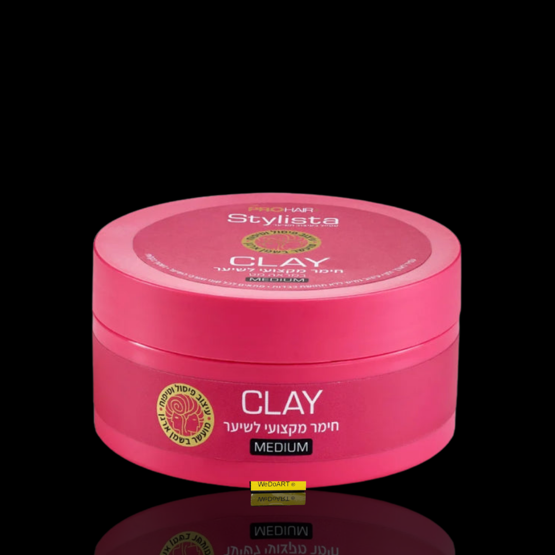 PRO HAIR Stylista matte styling clay 150 ml pink jar, front view on a black background