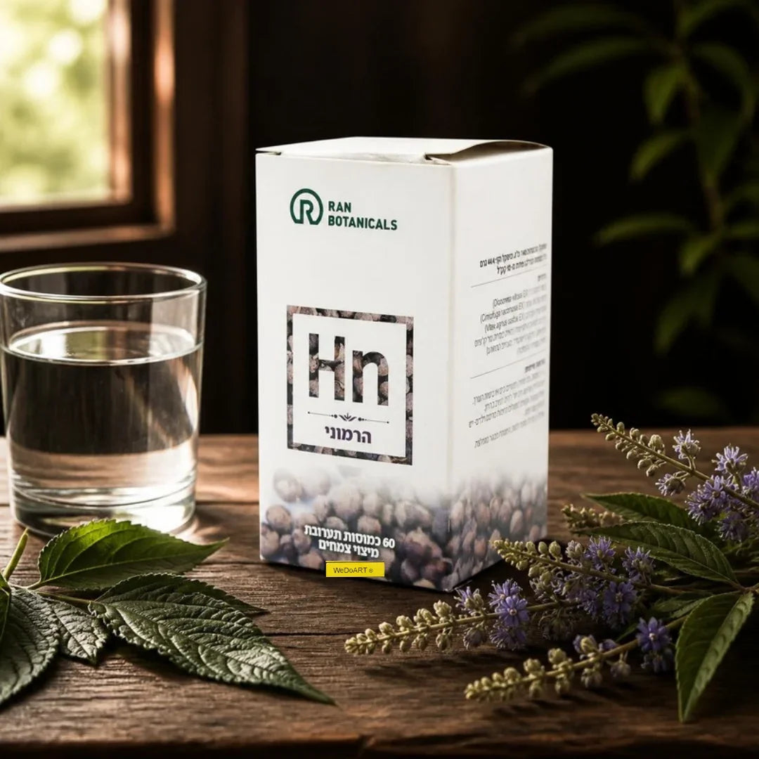 Ran Botanicals Harmony herbal capsules box on a wooden table with a glass of water and herbs