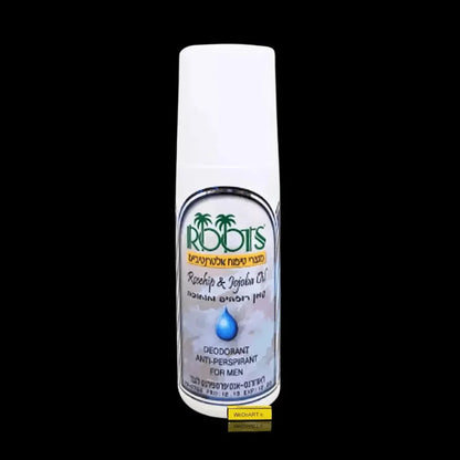 Roots Rosehip & Jojoba Oil antiperspirant deodorant for men, 100 ml white roll-on bottle with green and blue label