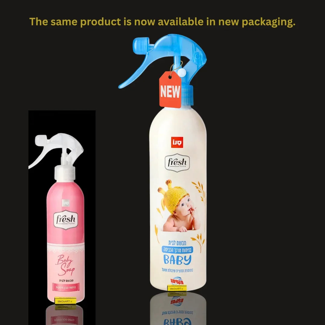 Fresh Baby soap spray bottles showing old pink packaging and new white packaging.