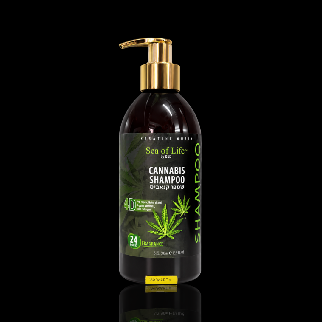 Sea of Life cannabis shampoo 500 ml pump bottle with hemp oil and louisa extract, front view with reflection