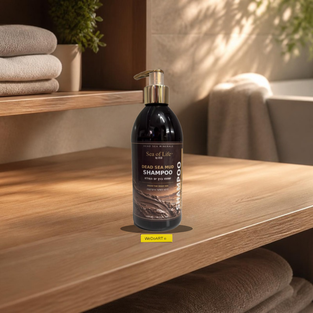 Sea of Life Dead Sea mud shampoo 500 ml pump bottle on a wooden bathroom shelf with folded towels