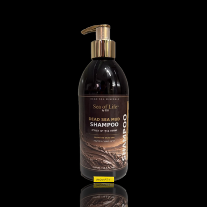 Sea of Life Dead Sea mud shampoo 500 ml pump bottle, front view with reflection