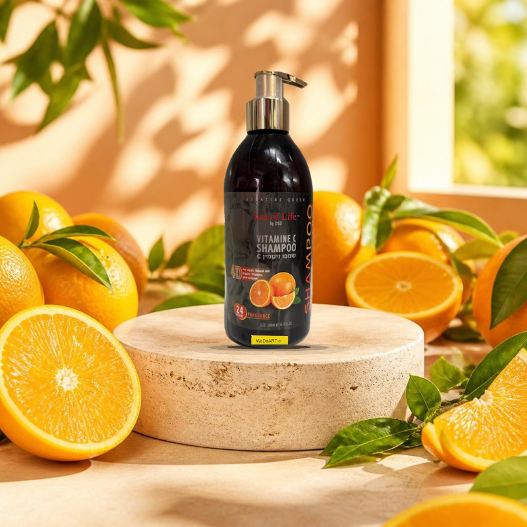 Sea of Life vitamin C shampoo 500 ml pump bottle on a sunlit stone podium surrounded by fresh oranges and citrus leaves